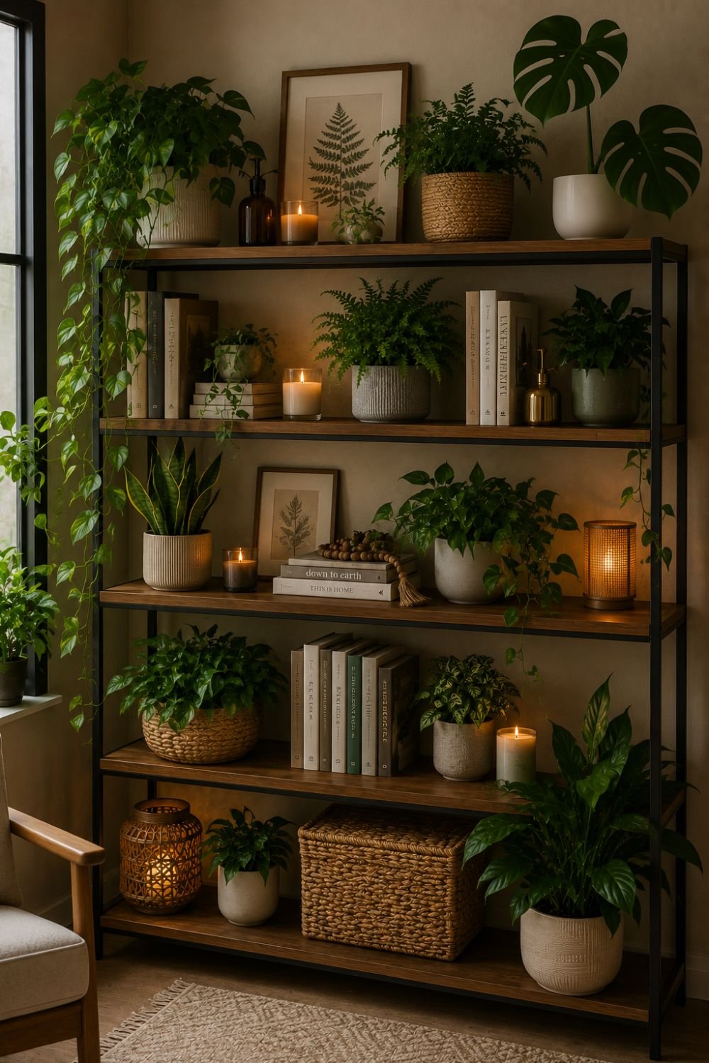 Beautiful indoor plant shelf creating a fresh cozy lived-in home.
