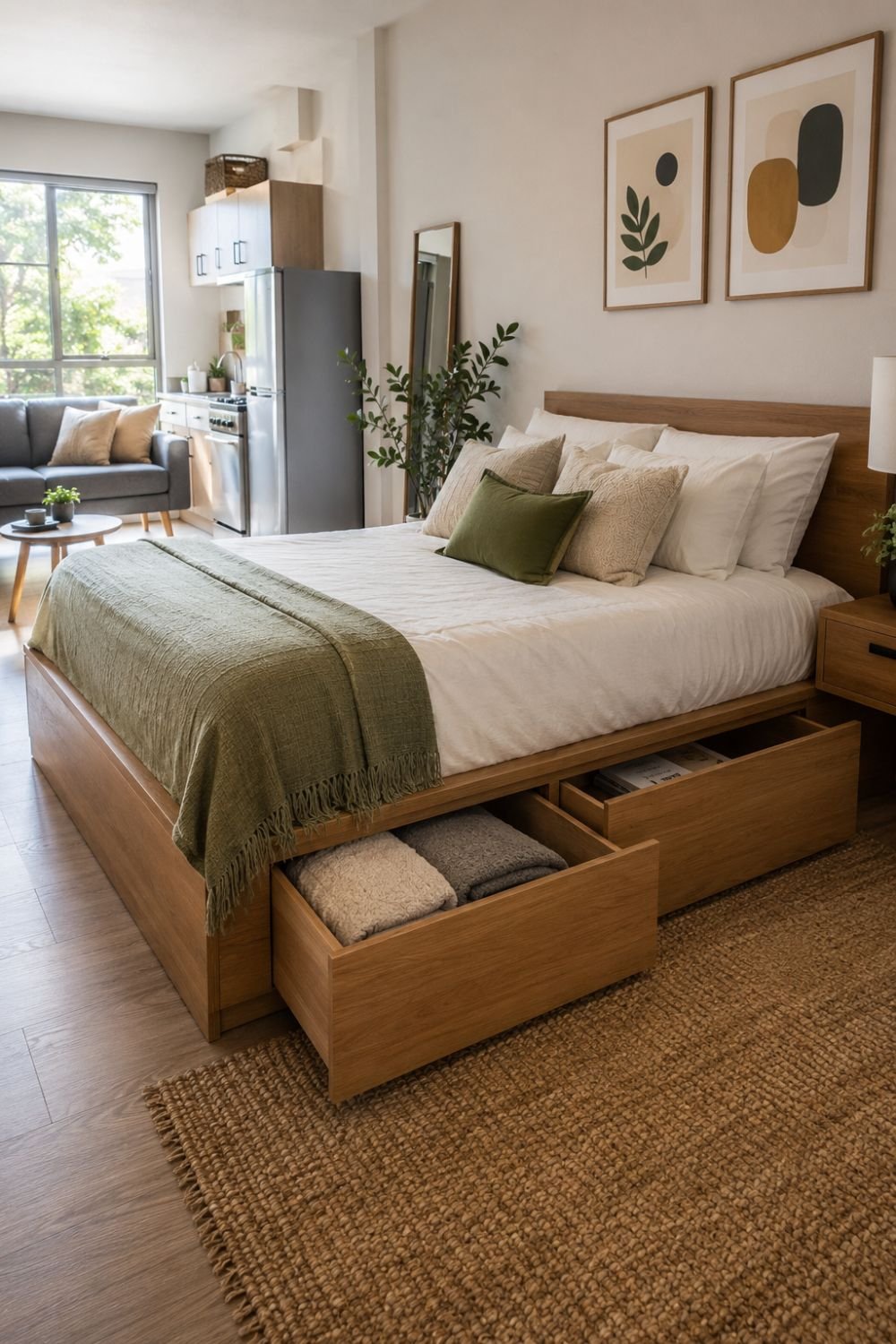 Bed frame with storage drawers underneath in studio apartment