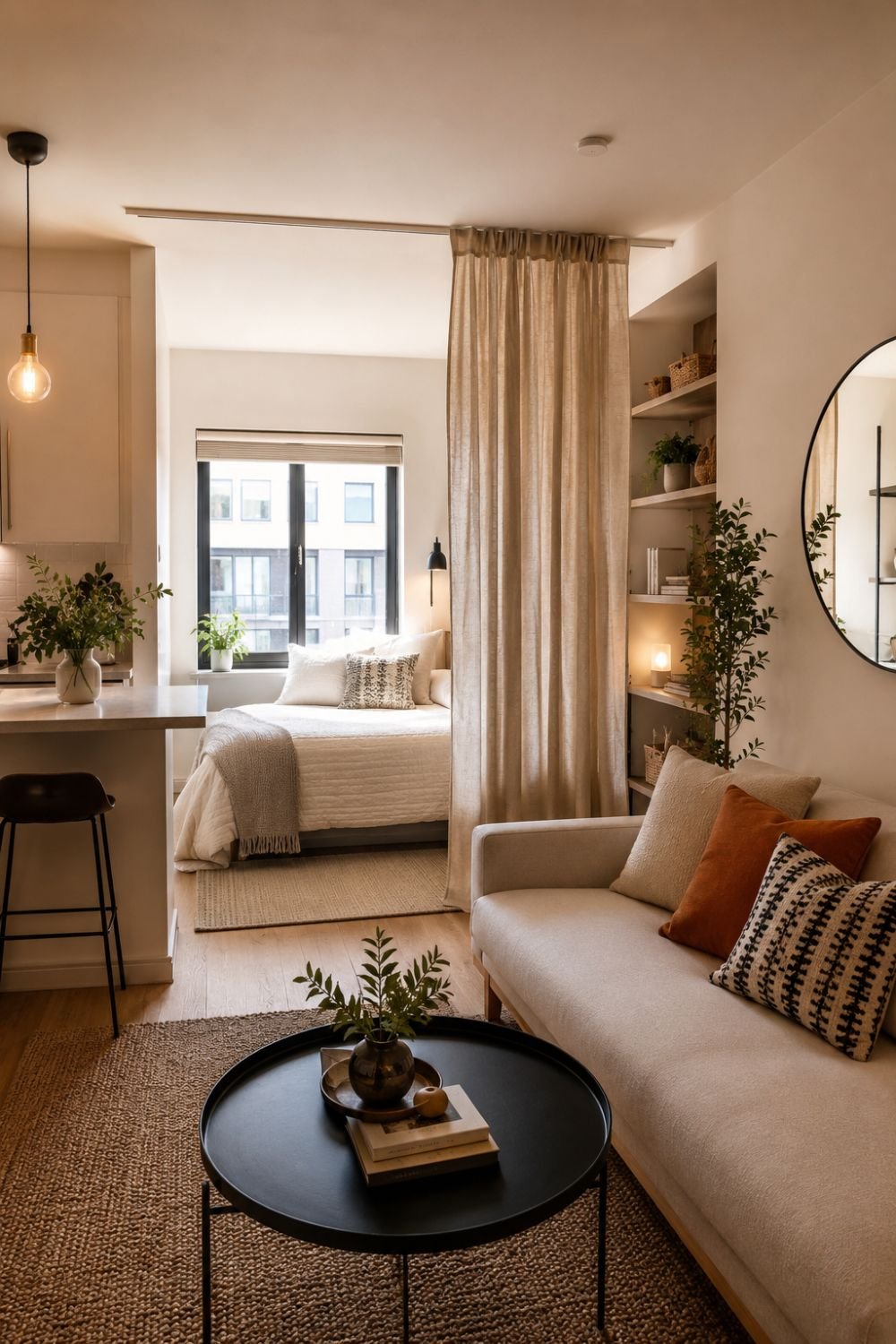 Bed in corner nook with room divider creating separate sleeping area
