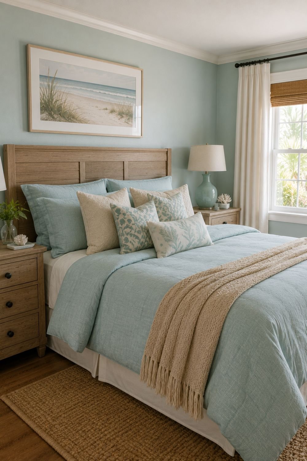 Bed with aquamarine sheets and pillows in coastal bedroom