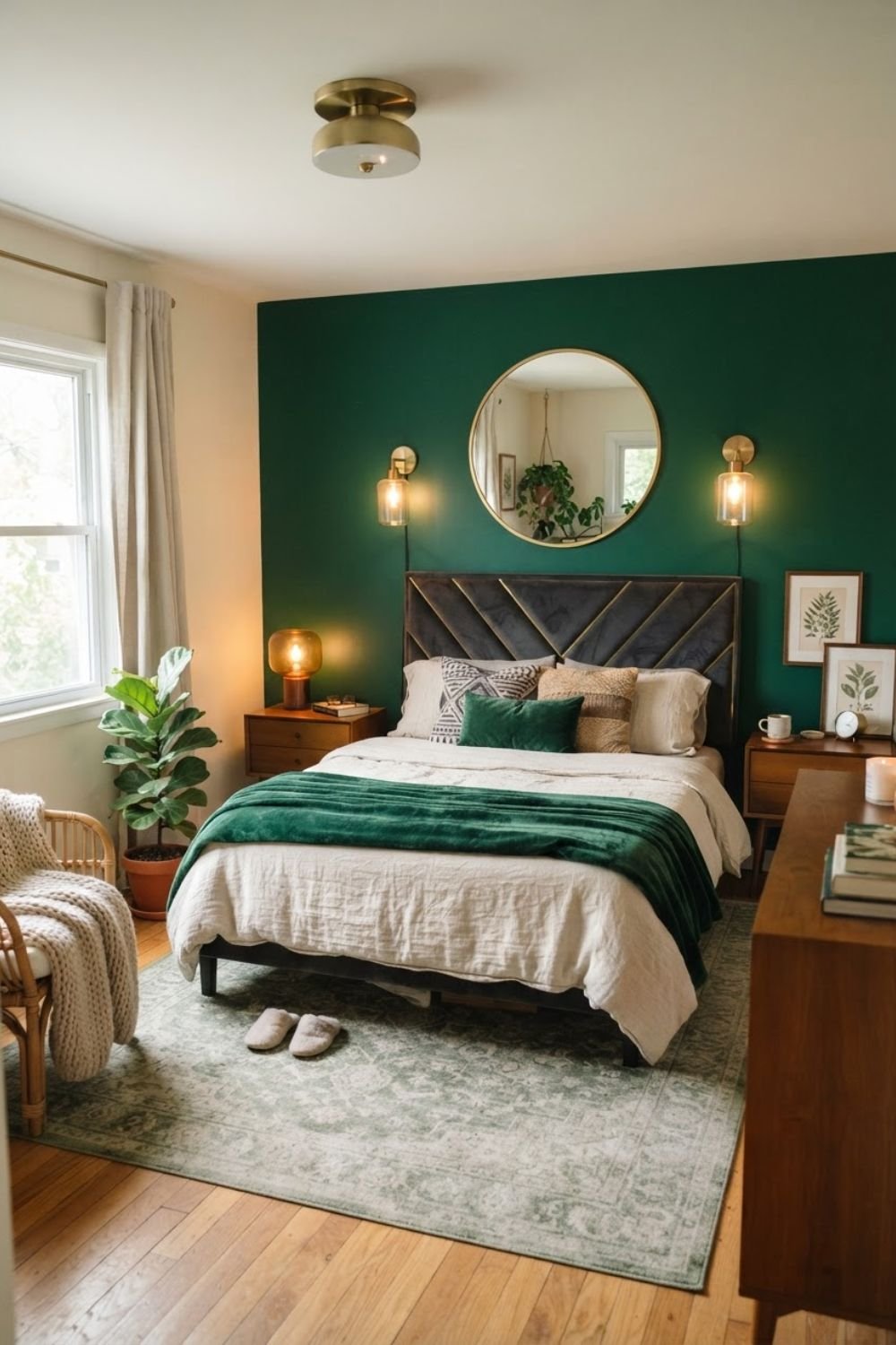 Bedroom with deep emerald green walls showcasing bold neo deco color choice
