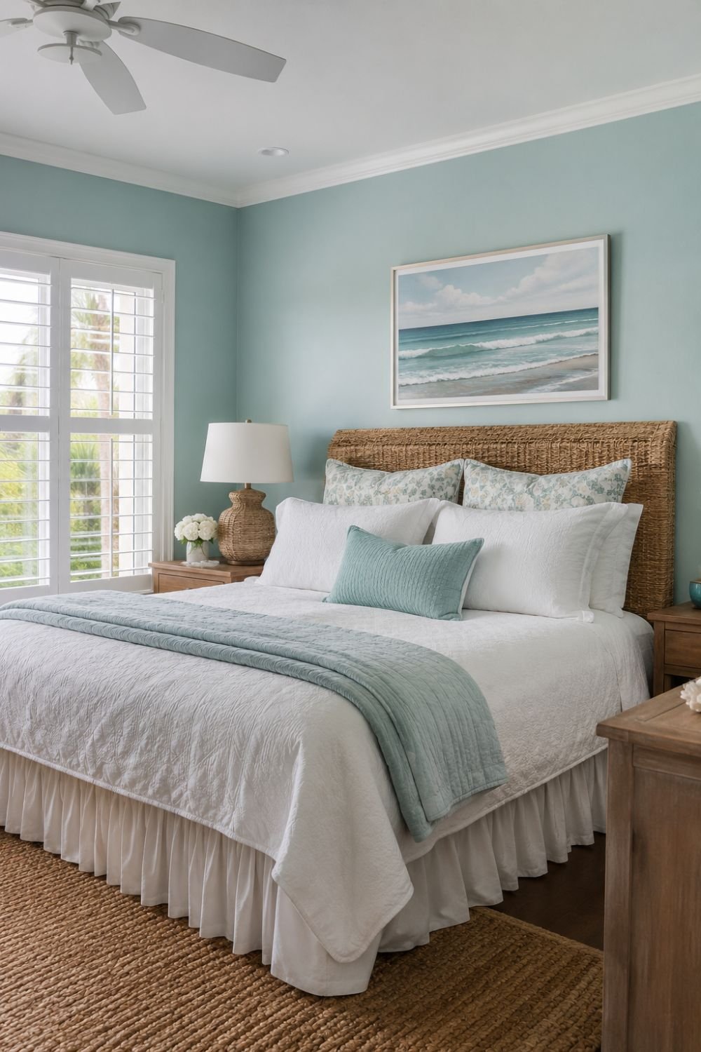 Bedroom with soft aquamarine walls creating peaceful coastal bedroom