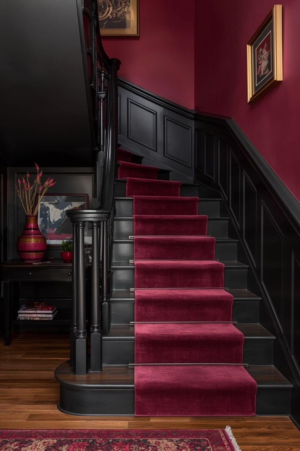 Black and burgundy color palette on elegant Halloween staircase