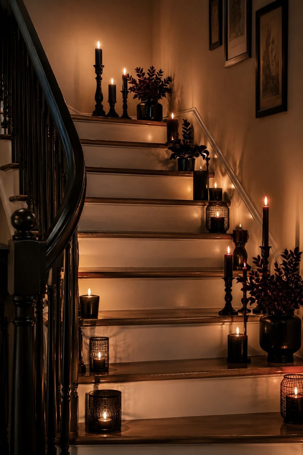 Black candles in varying heights on elegant Halloween staircase
