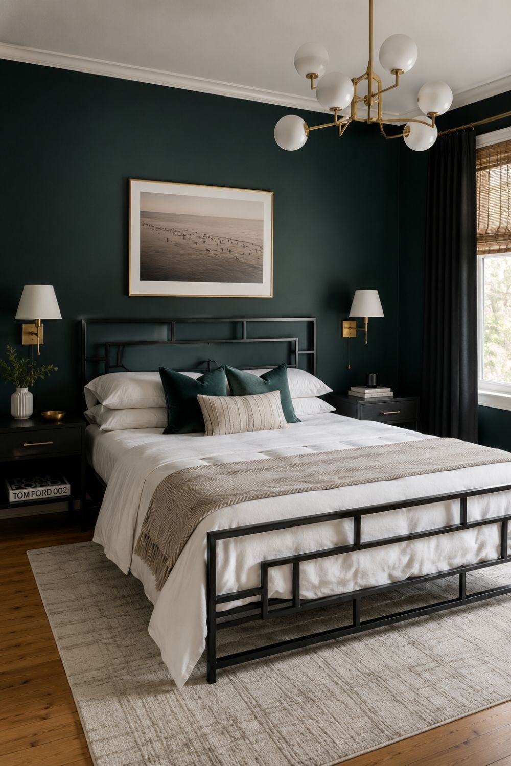 Black chrome bed frame with geometric lines in neo deco bedroom