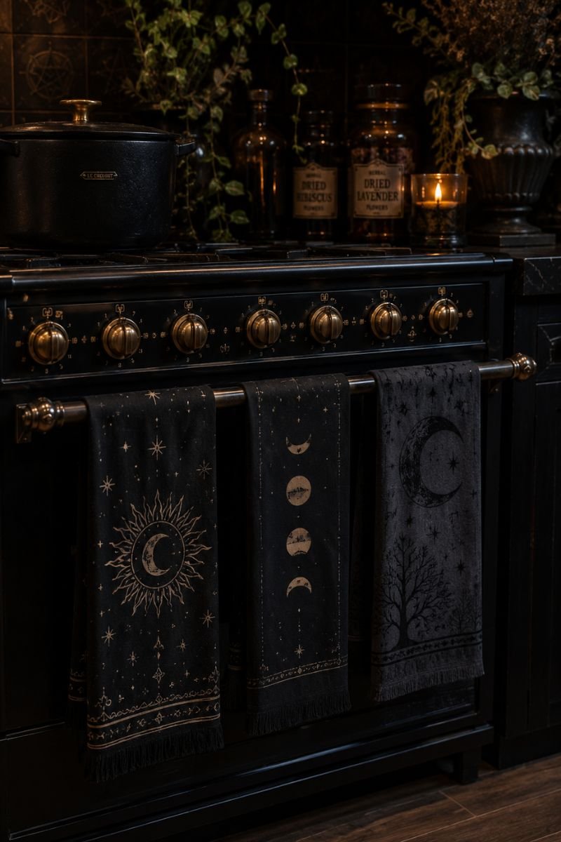 Black kitchen towels with moon symbols in witchy kitchen