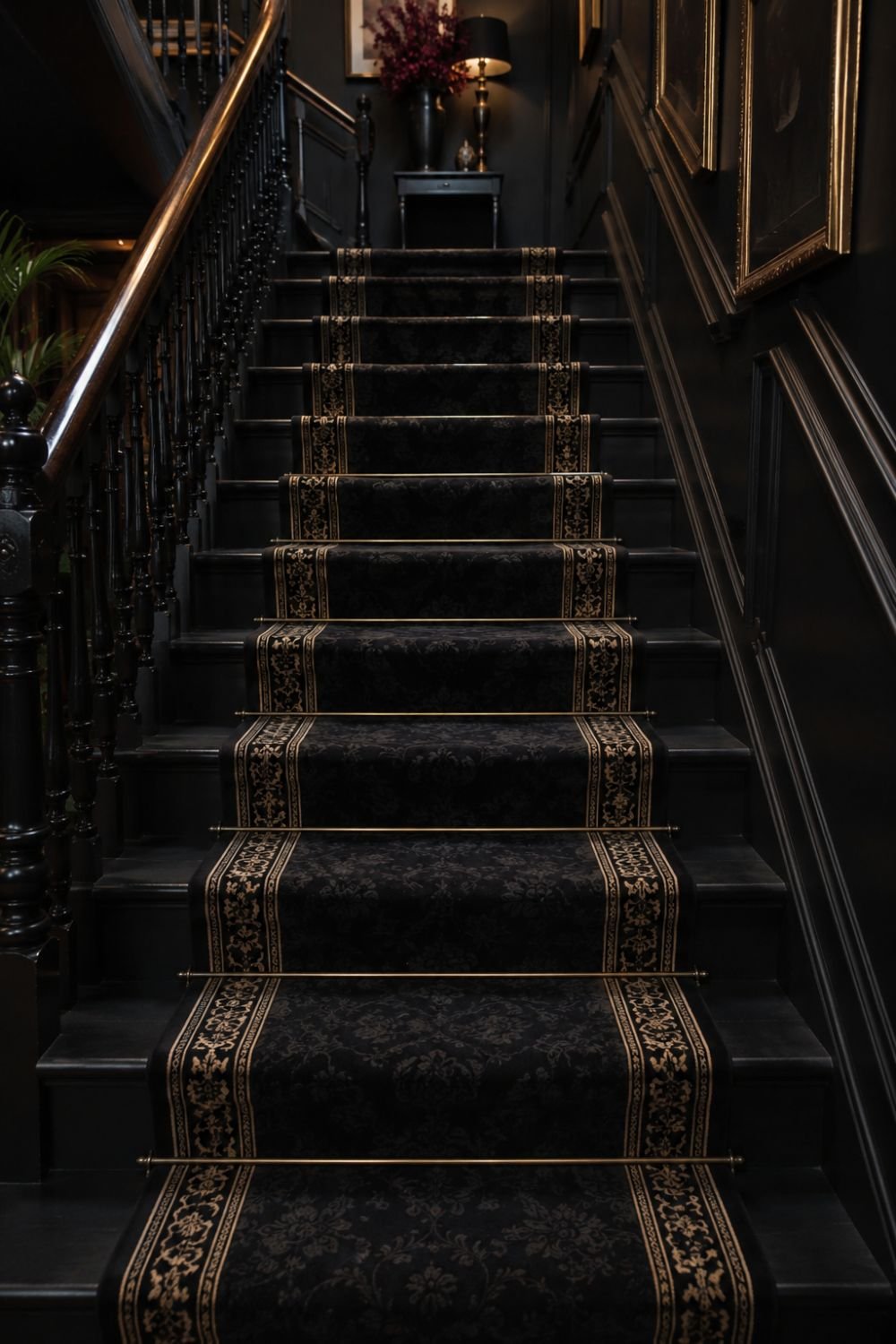 Black ornate stair runner elevating Halloween staircase