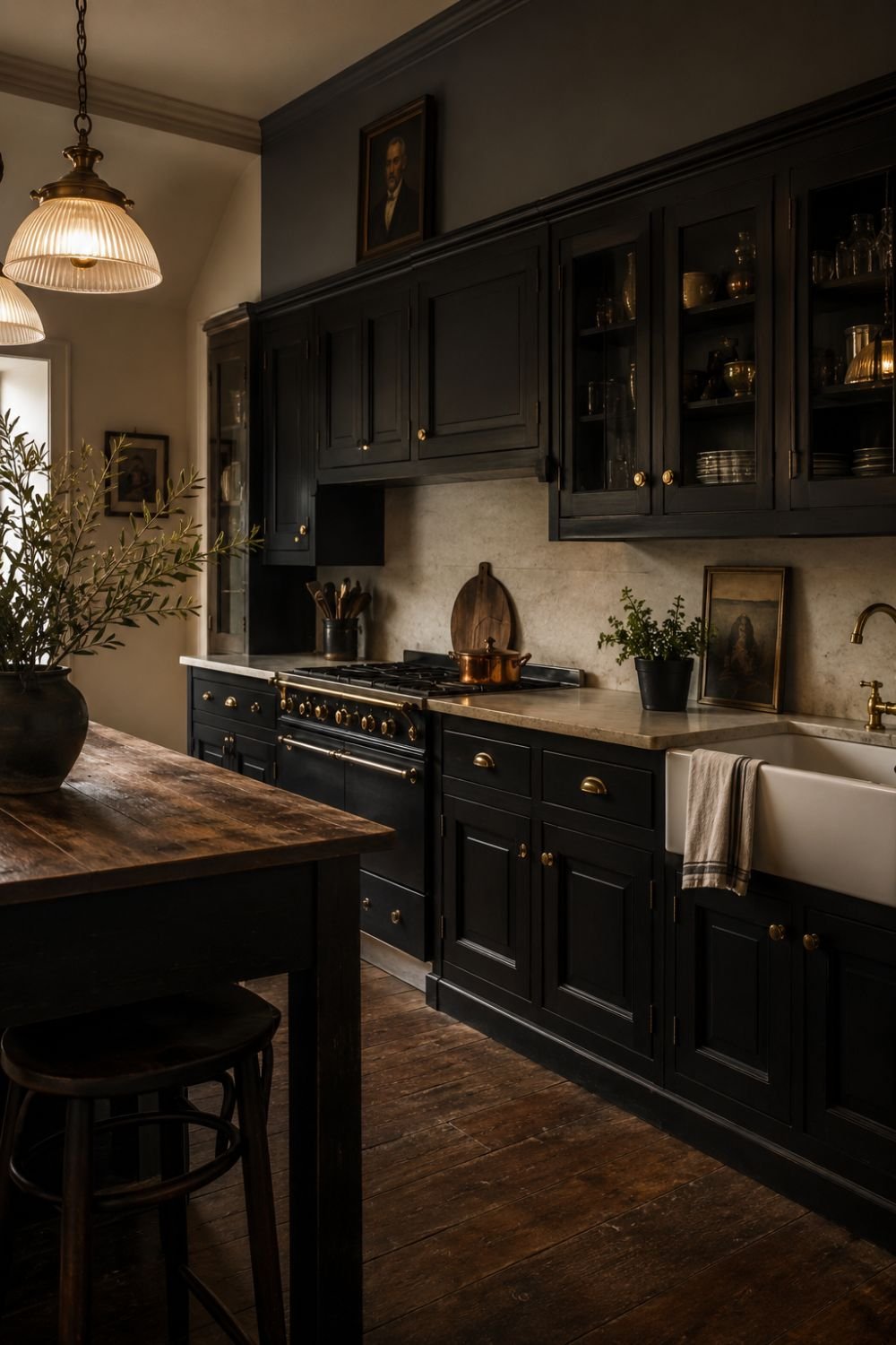 Black painted cabinets. Dark navy. Very dark green. These colors feel like they've been there forever. They feel like something your grandmother had. Pair them with warm brass hardware and the moody romance is complete.
