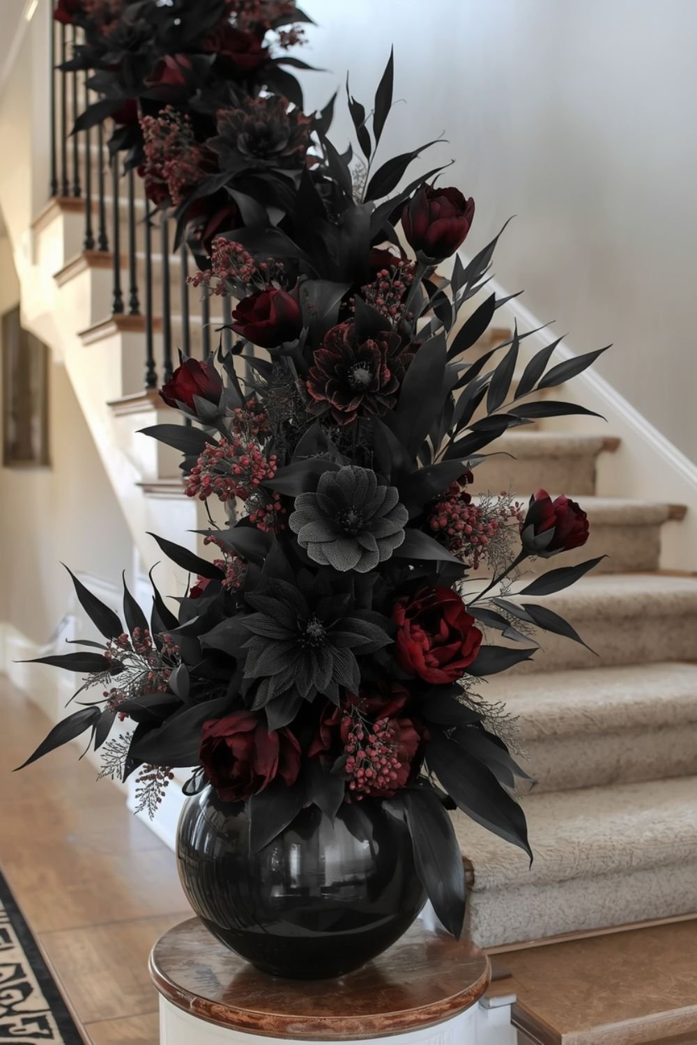 Black silk flowers in elegant vases on staircase landing