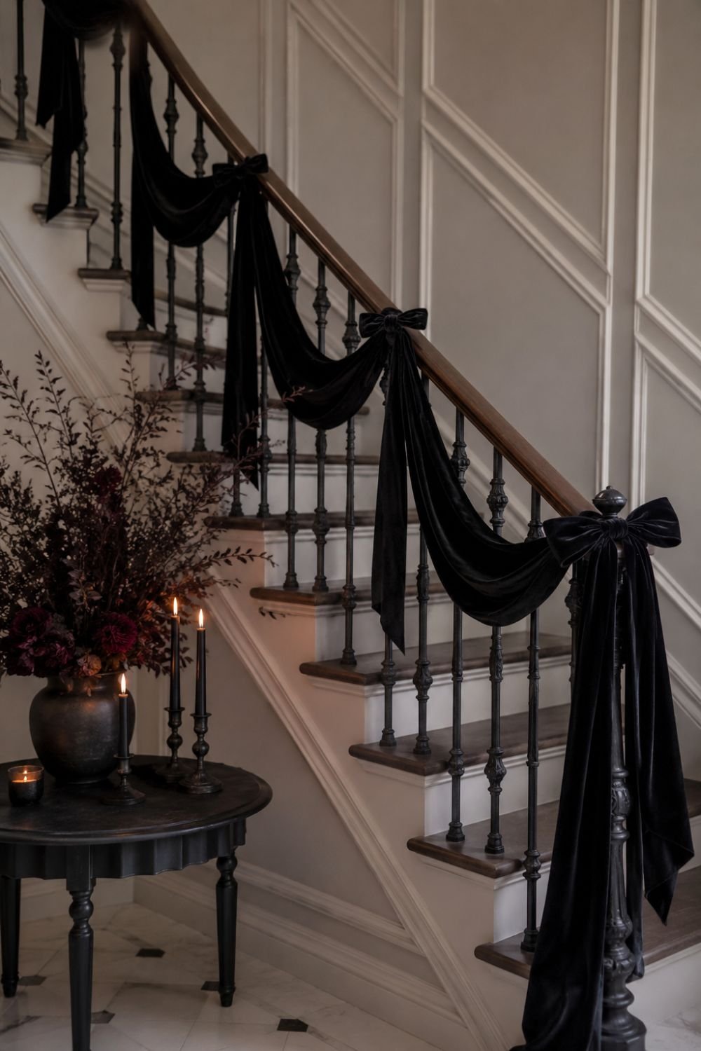Black velvet ribbon elegantly draped on staircase banister