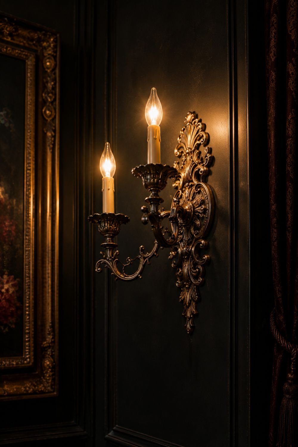 Black wall sconce creating dramatic lighting in moody space