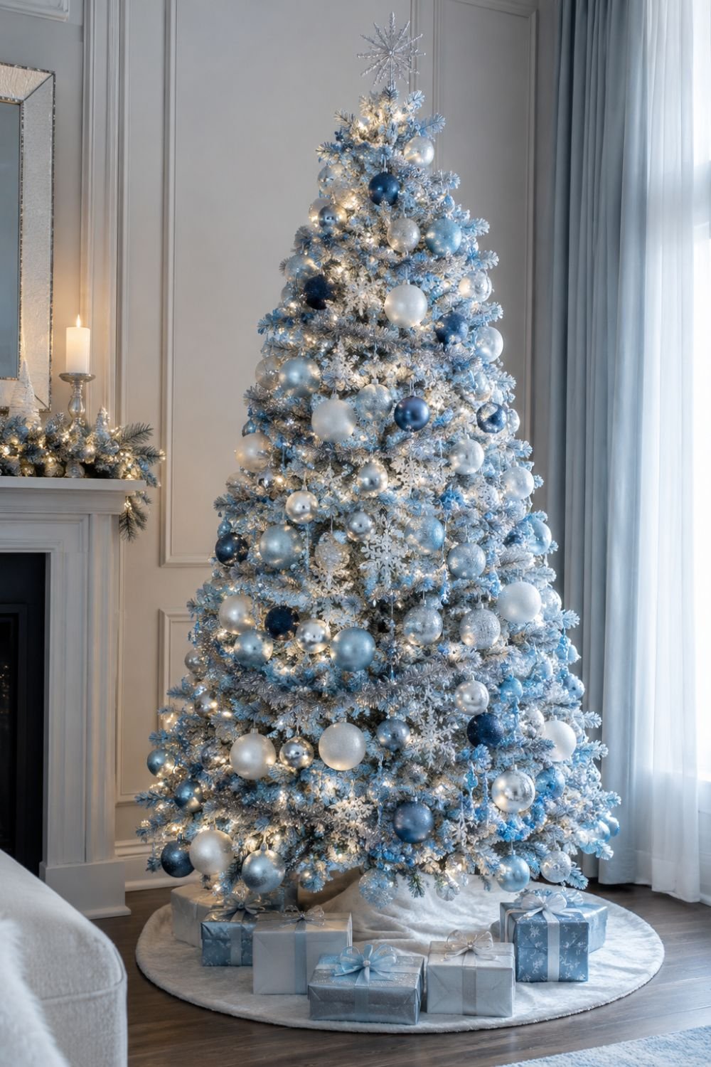 Blue and white Christmas tree with white lights creating icy wonderland focal point