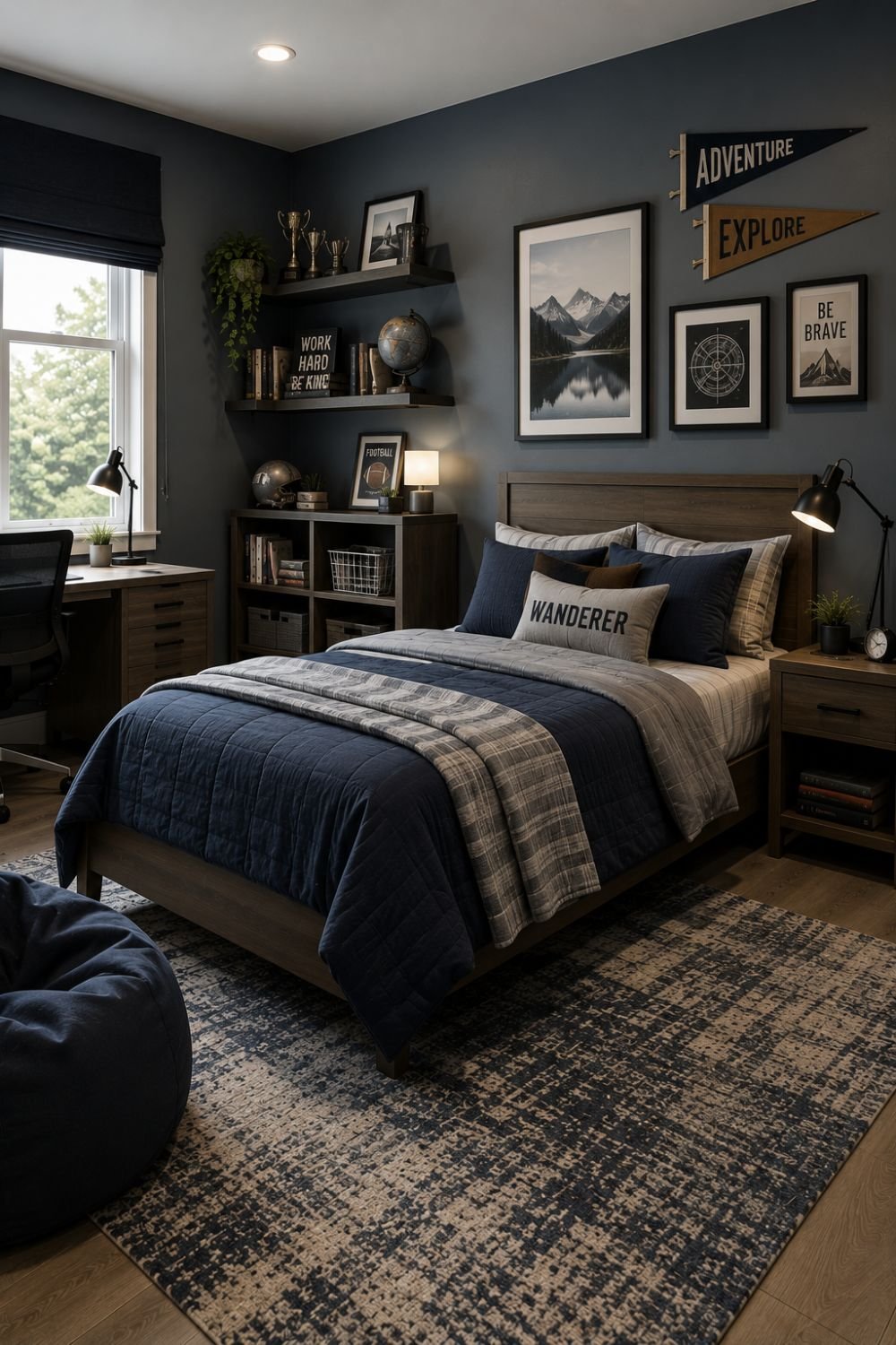 "Blue-gray walls creating versatile modern boys bedroom