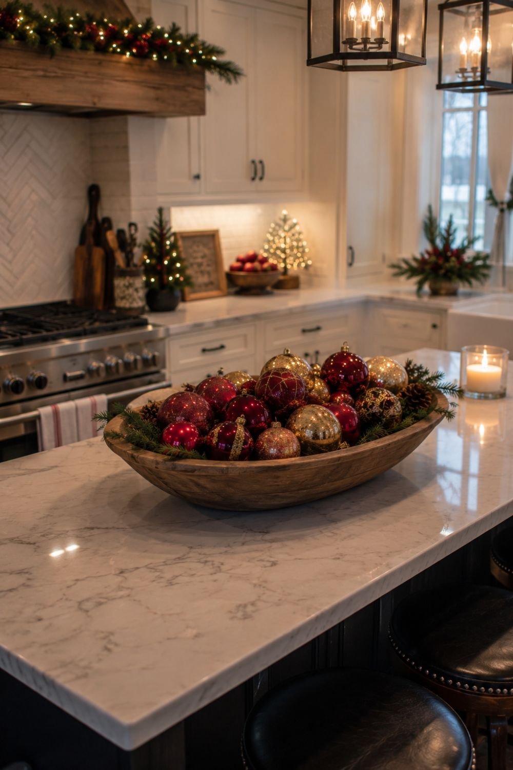 Bowl of Christmas ornaments on kitchen island creating festive display