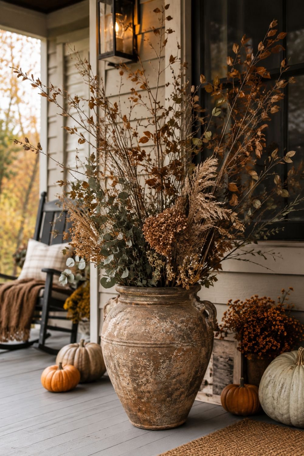 Branches and greenery in rustic vase on farmhouse porch entrance