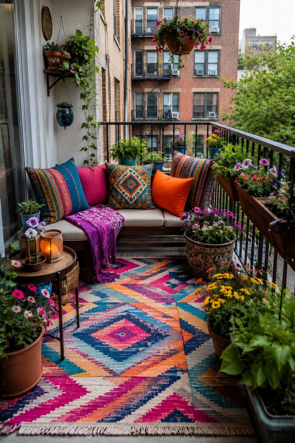 Bright colored outdoor rug defining small balcony space