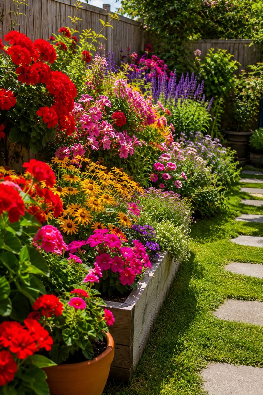 Bright colorful flowers blooming in garden creating dopamine garden