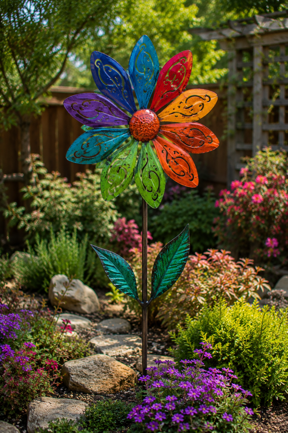 Bright colorful garden sculpture creating art focal point