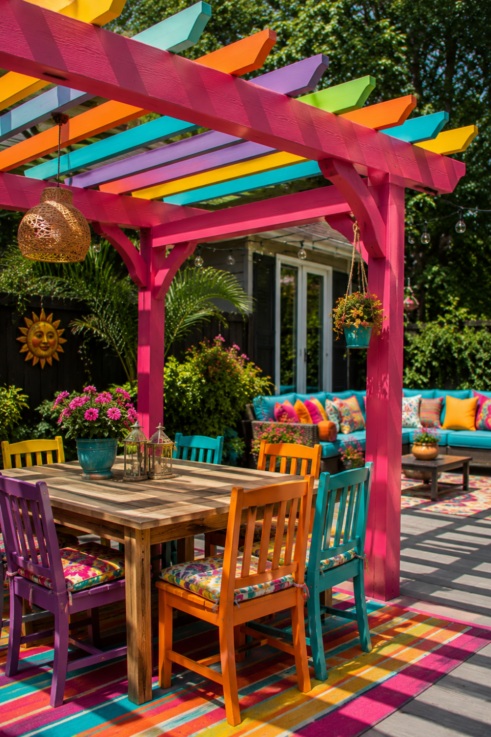 Bright pink pergola creating colorful shaded area in dopamine backyard