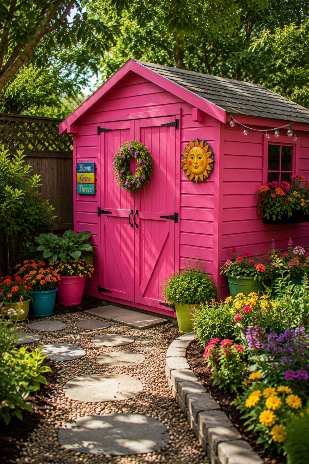 Bright hot pink garden shed creating colorful landmark in backyard