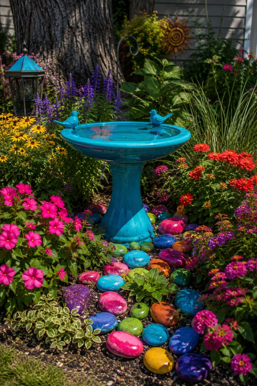 Bright pink birdbath in garden creating colorful water feature