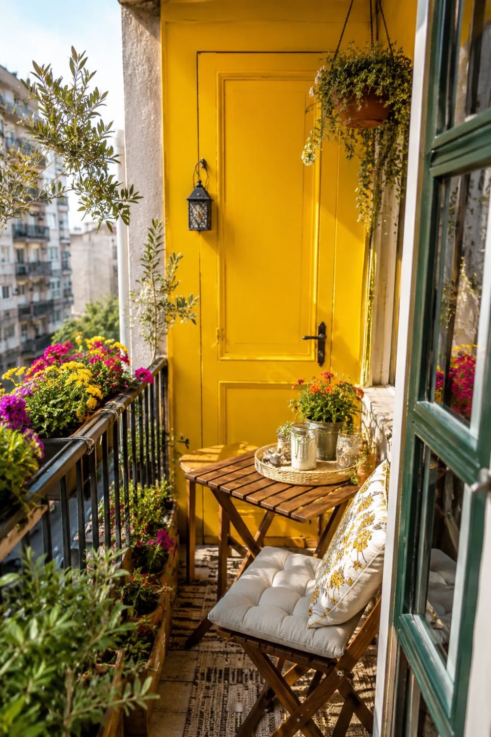Bright pink feature wall on small balcony creating dopamine impact