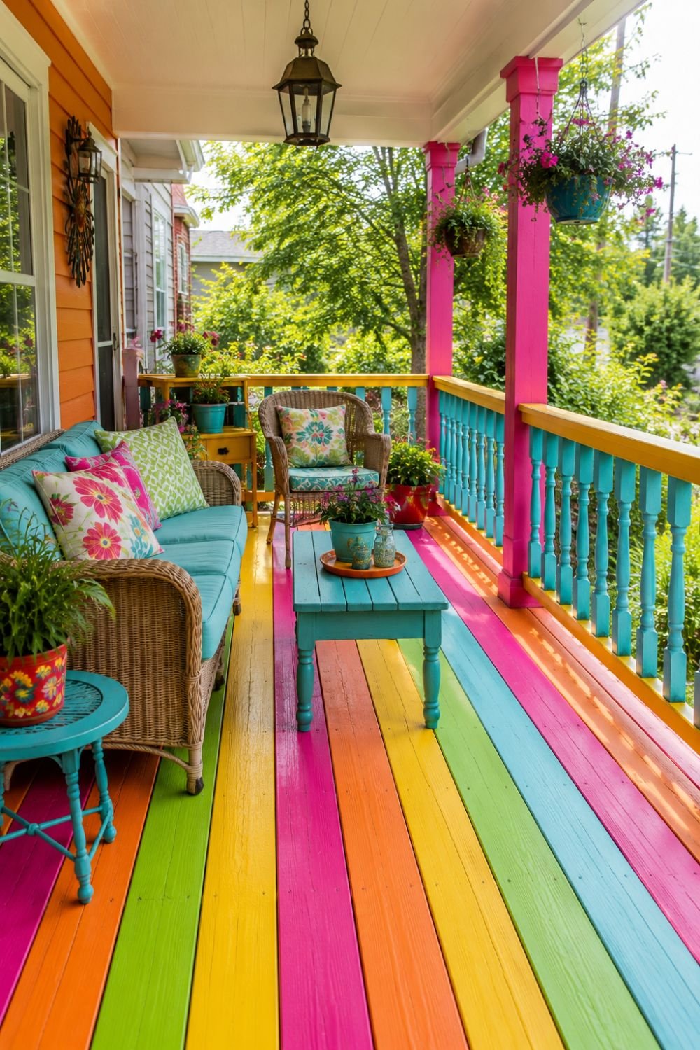 Bright striped patio floor creating colorful outdoor space
