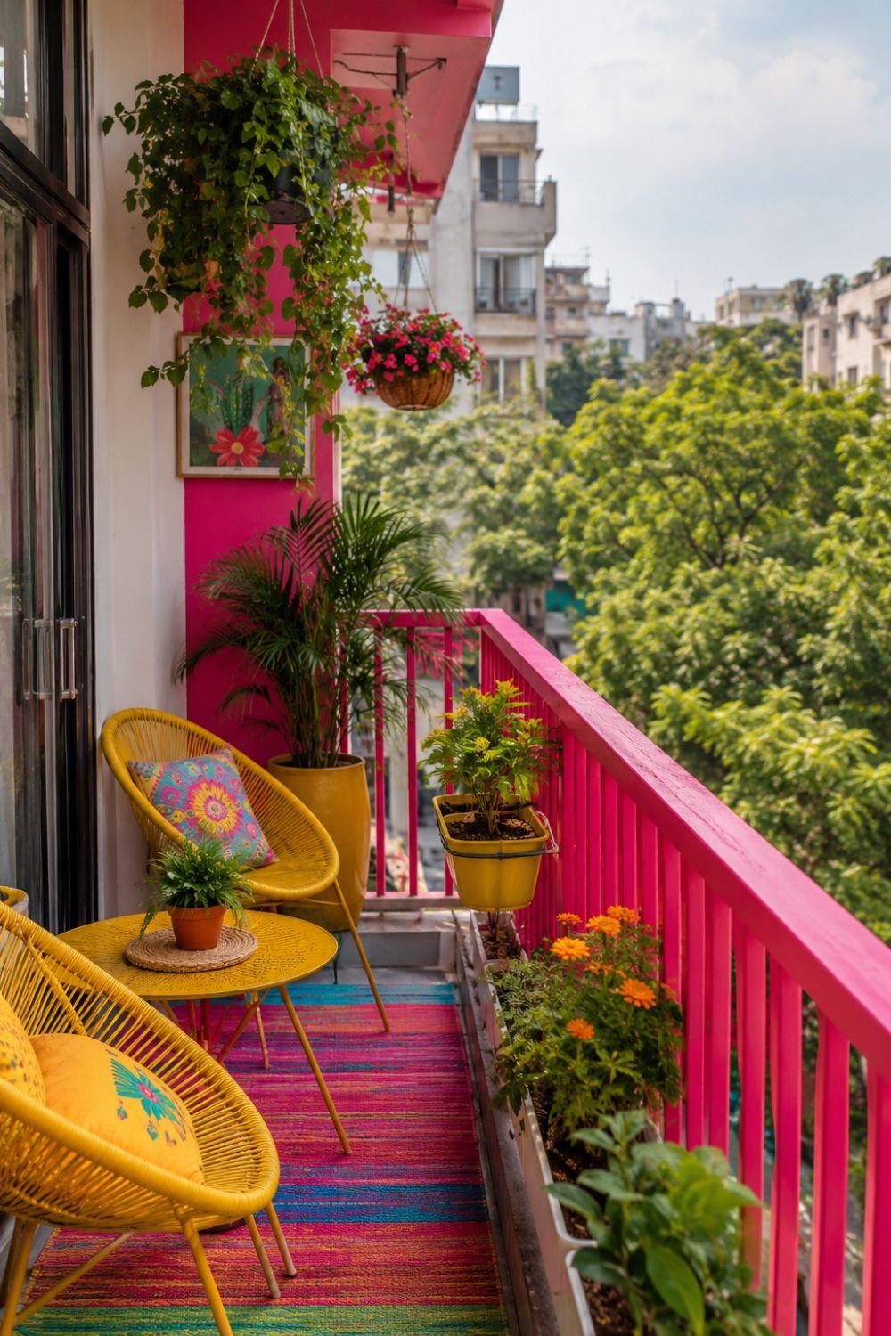 Bright yellow balcony railing creating colorful small space focal point