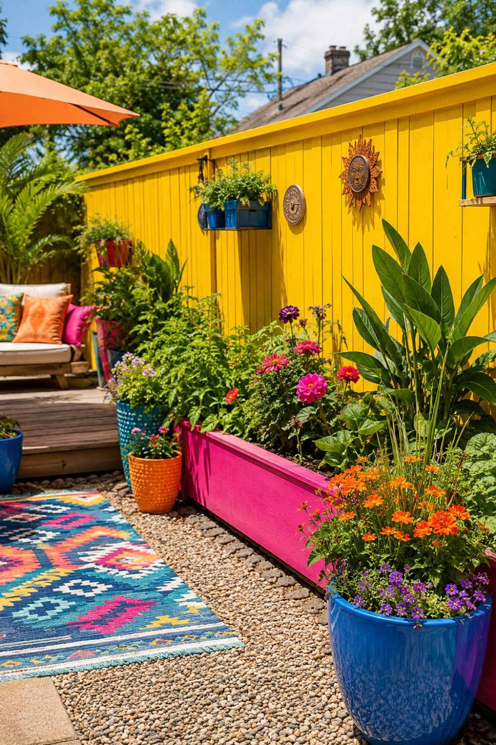Bright yellow exterior wall creating dopamine backyard color impact