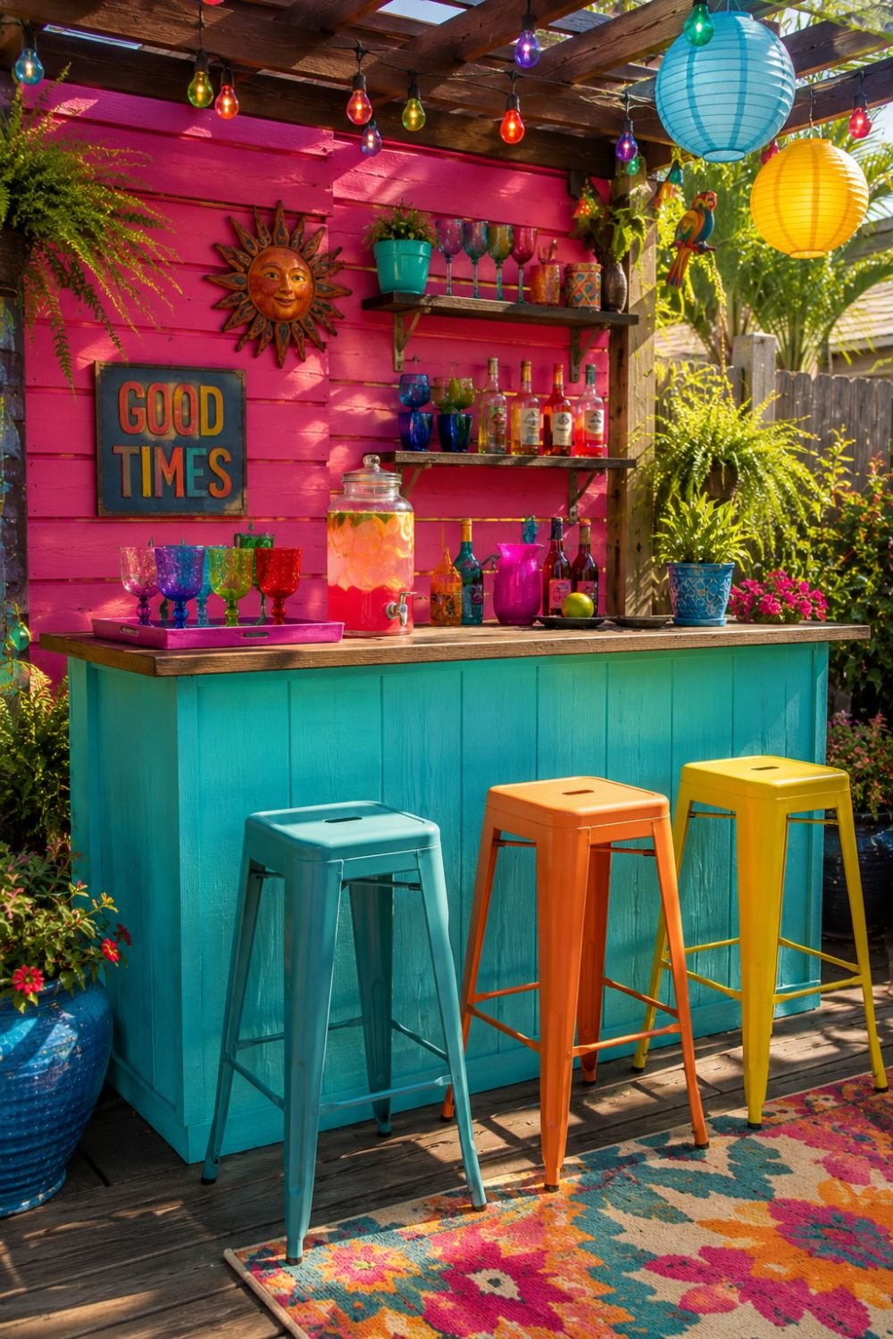Bright yellow outdoor bar with colorful glassware in dopamine space