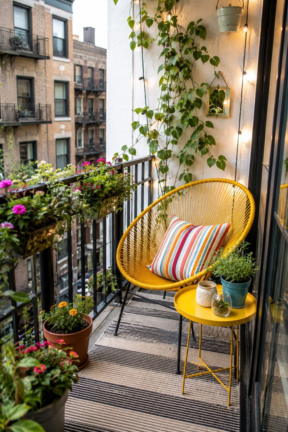 Bright yellow outdoor chair in small colorful balcony