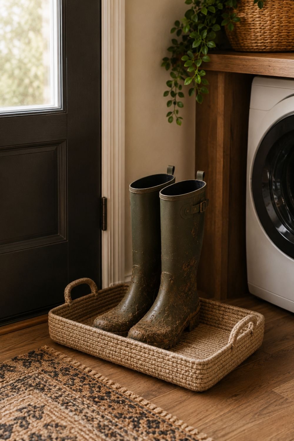  boot tray in fall laundry room entry
