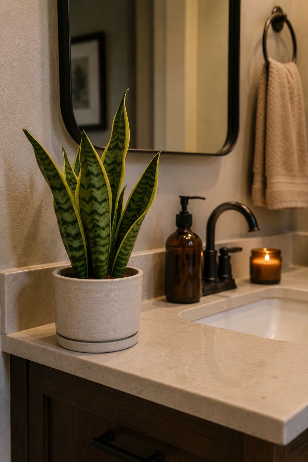 small plant on guest bathroom counter