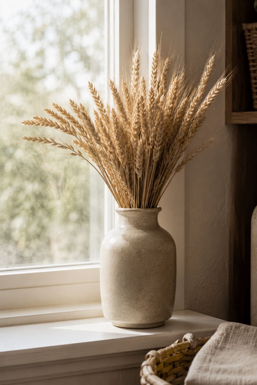 dried wheat stems in stoneware vase laundry room
