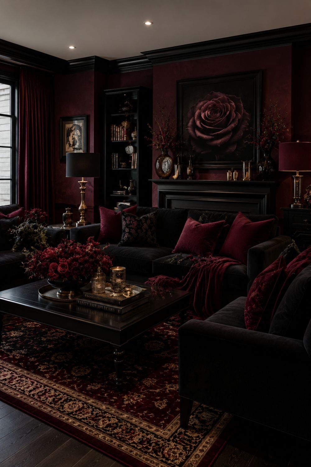 Burgundy and black color scheme creating coordinated opera aesthetic