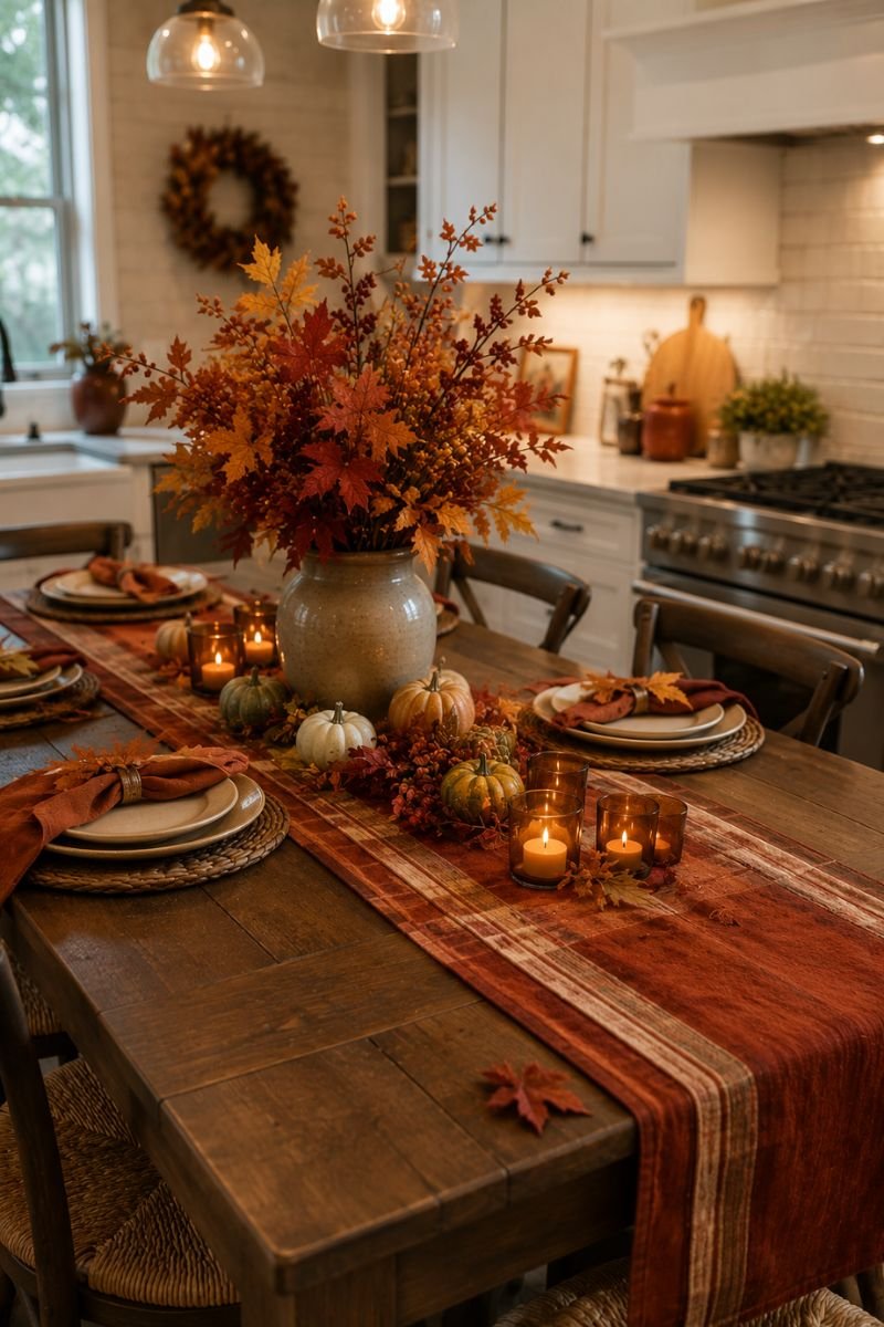 Burgundy table runner creating festive Thanksgiving kitchen table