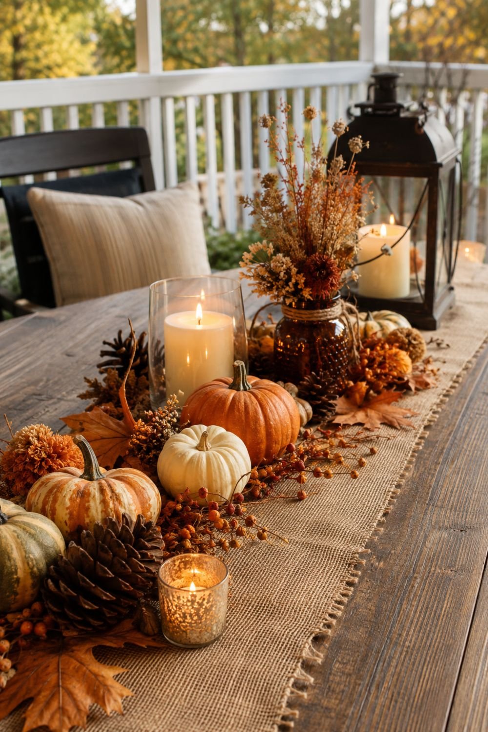 Burlap table runner with candles and fall decorations on farmhouse porch