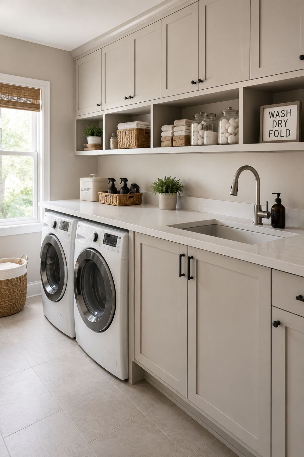 Cabinet storage organizing supplies in beautiful laundry room