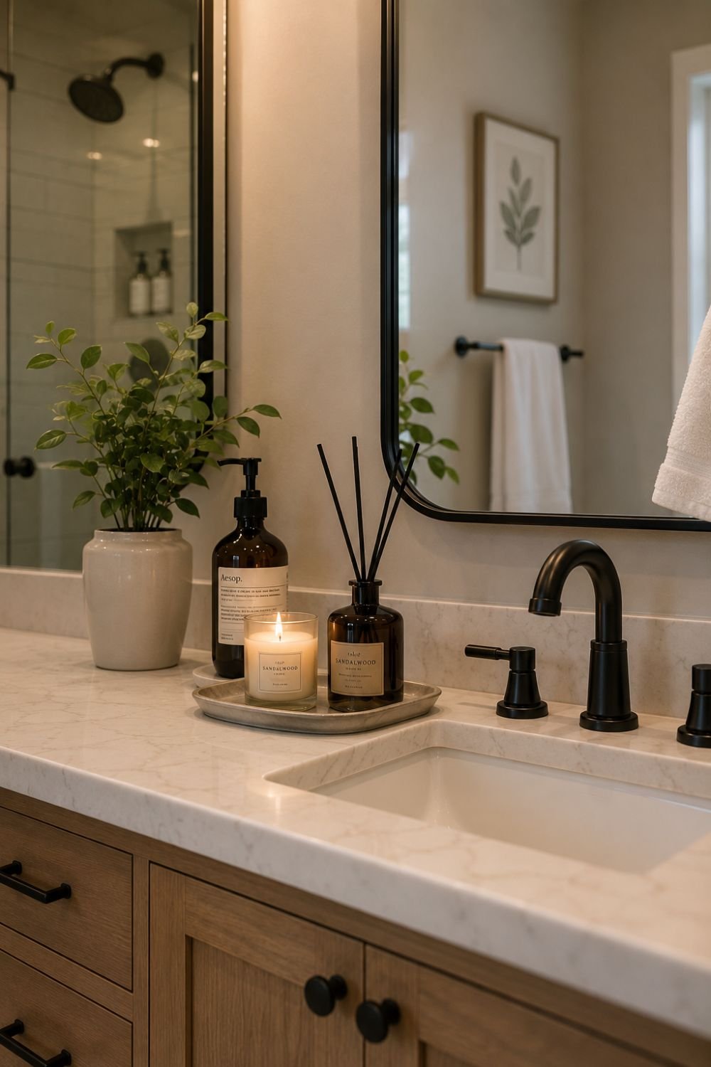 Candle creating fresh subtle scent in bathroom