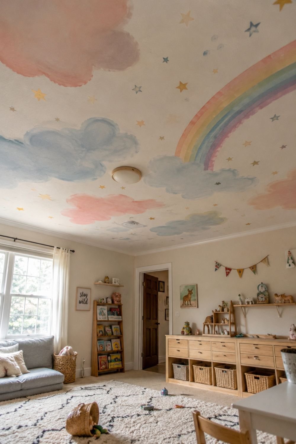 Ceiling painted with colorful clouds and stars in playroom