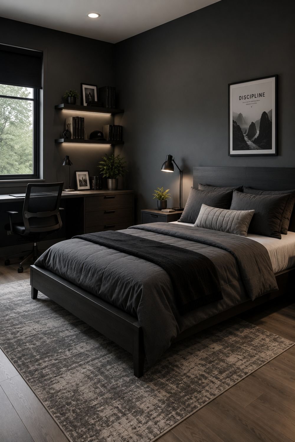 Charcoal gray walls creating modern minimalist boys room