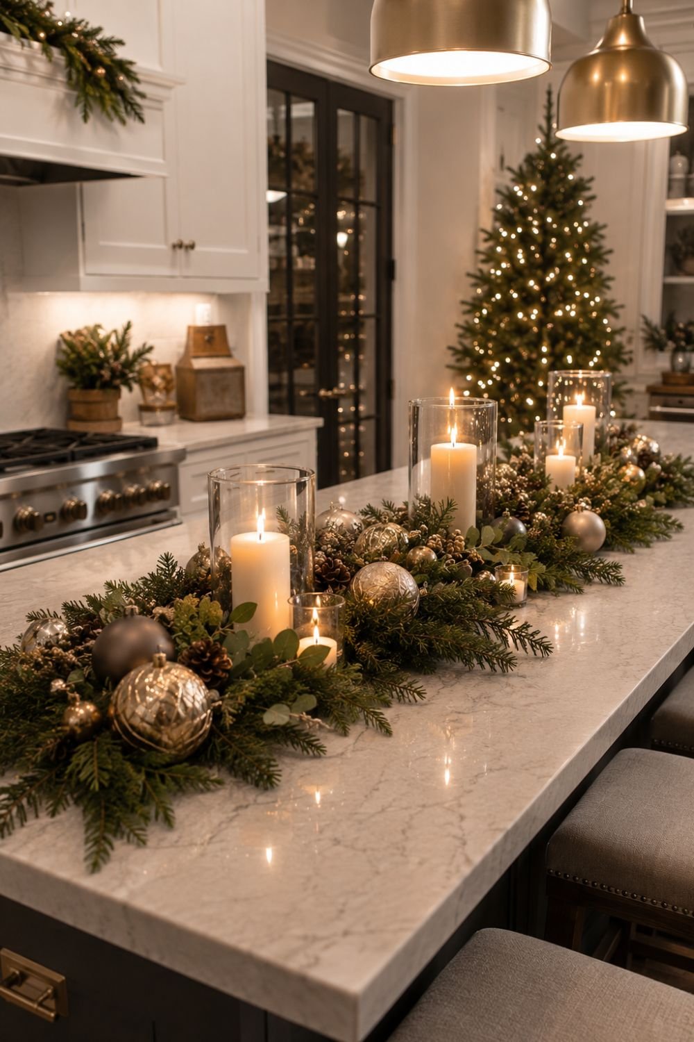 Christmas centerpiece with greenery and candles on kitchen island