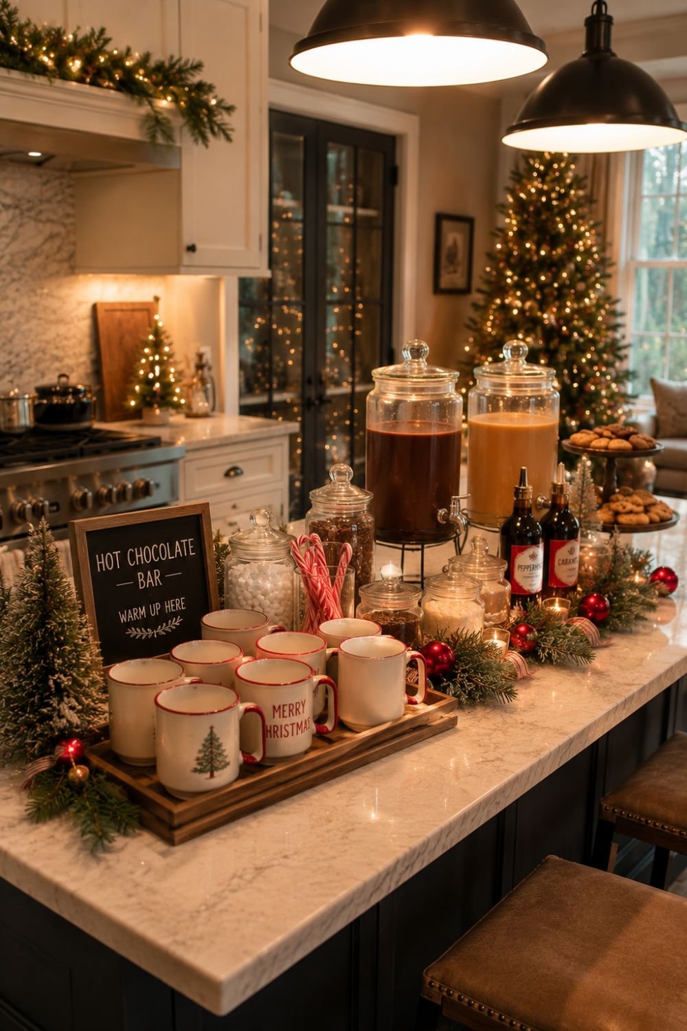 Christmas drink station on kitchen island with festive mugs
