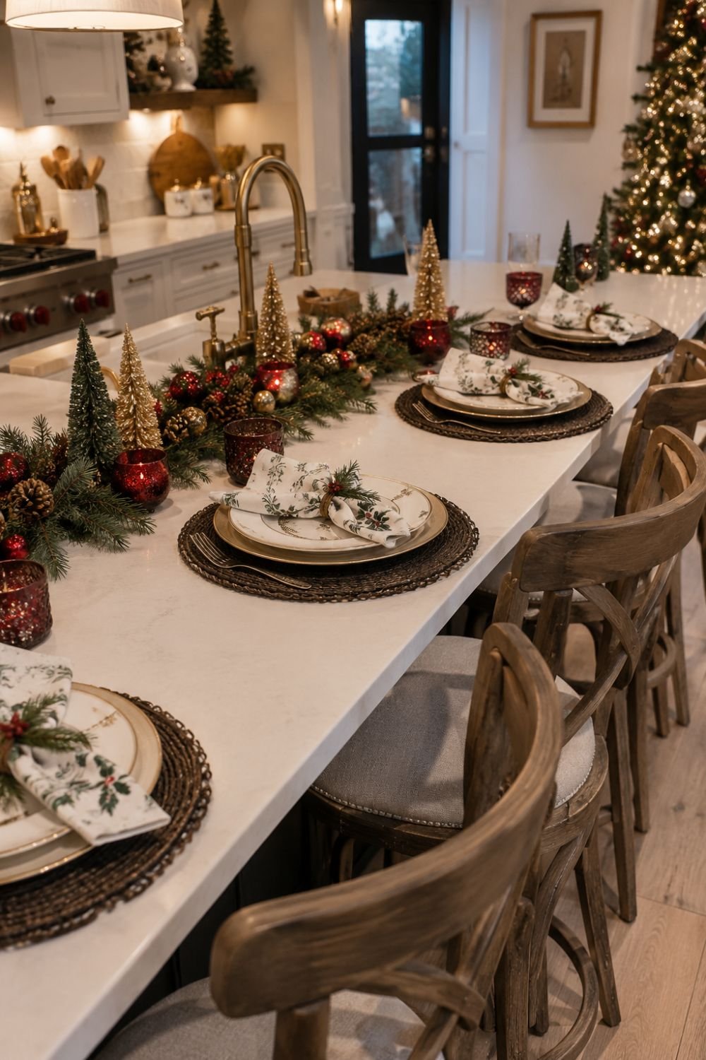 Christmas place settings on kitchen island stools