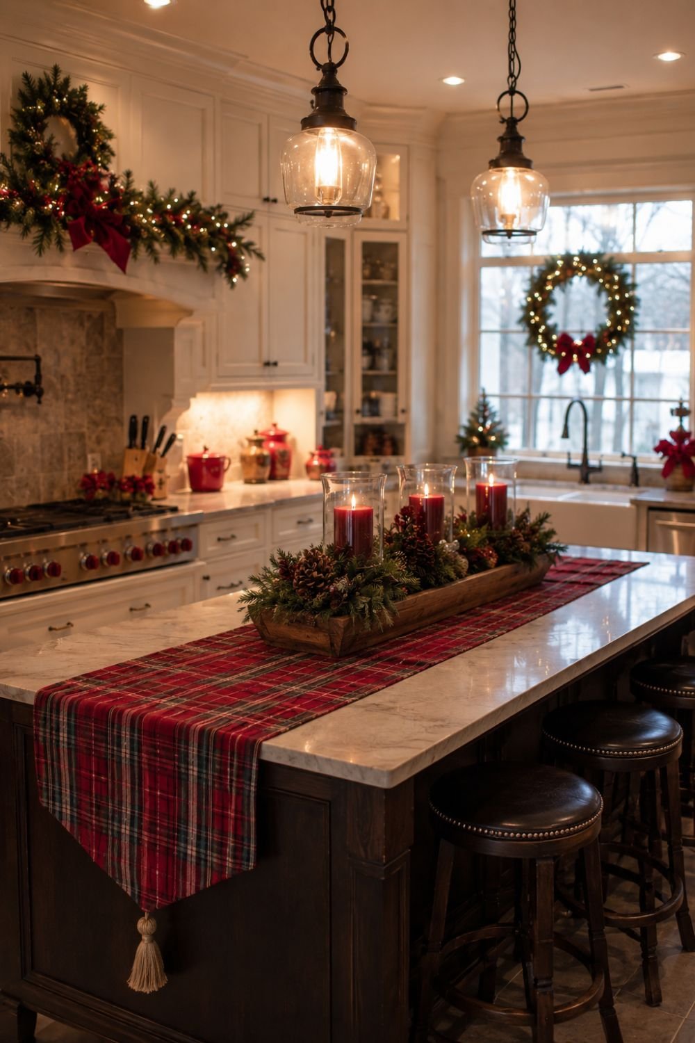 Christmas table runner on kitchen island creating holiday style