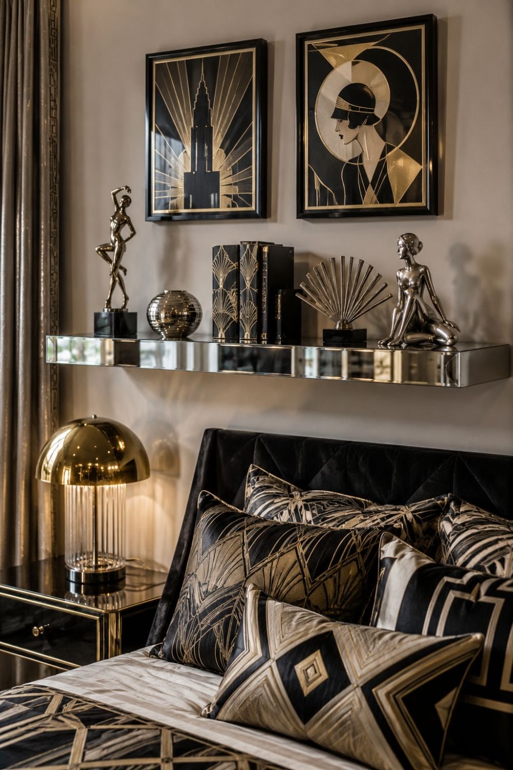 Chrome floating shelf displaying art deco decorative objects in neo deco bedroom