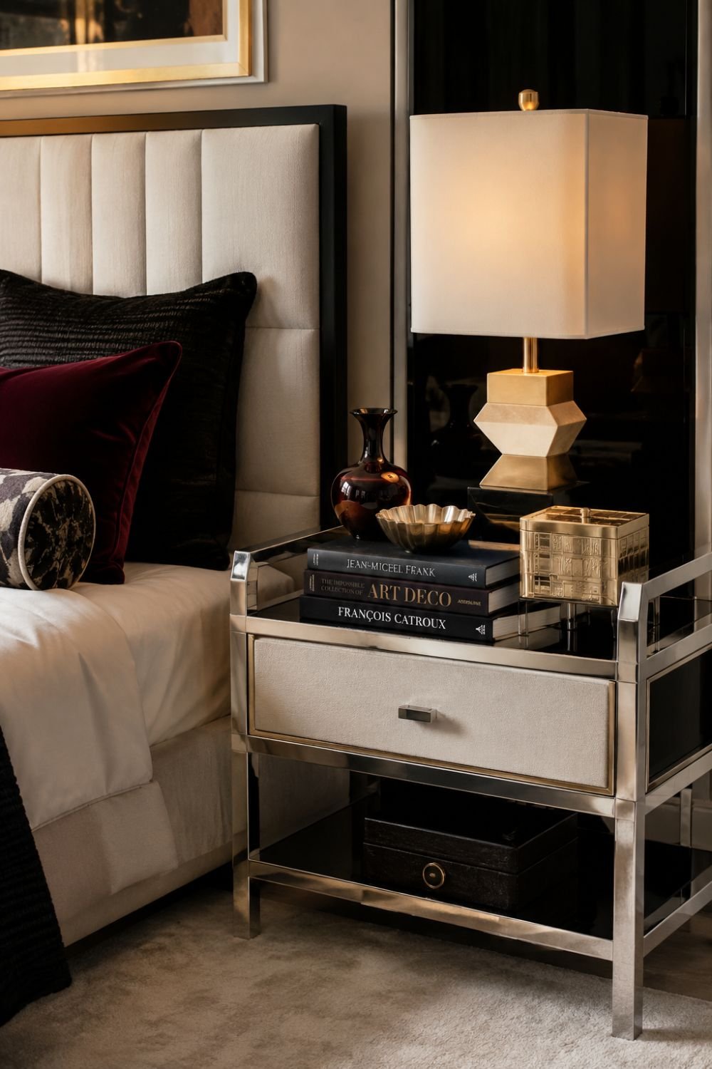 Chrome nightstand styled with geometric lamp and art deco objects