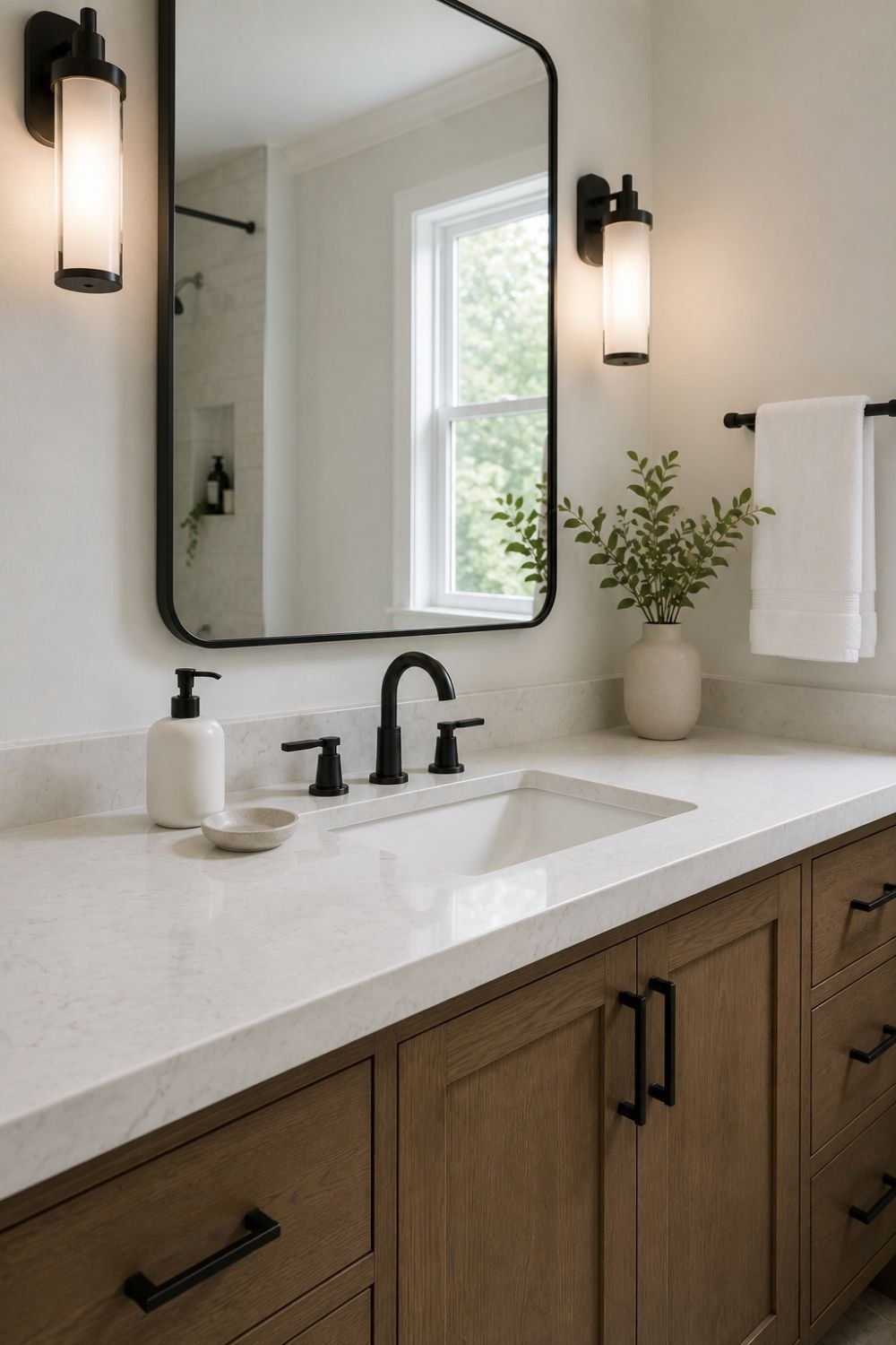 Clean organized counter creating fresh minimalist bathroom