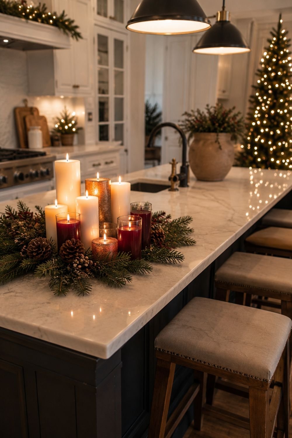 Clustered candles in varying heights on Christmas kitchen island