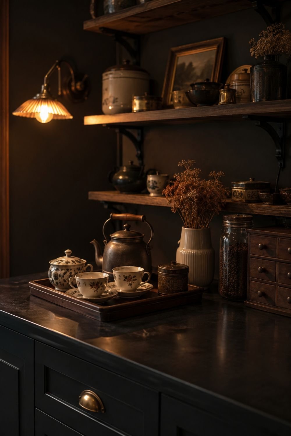 Coffee station in dark cottagecore kitchen with vintage cups and warm lighting